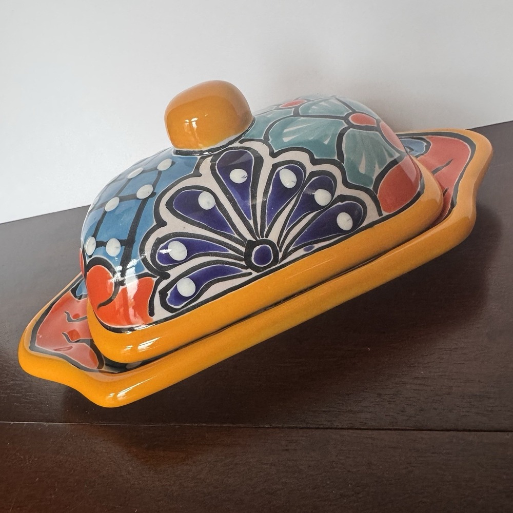 Talavera Mexican Pottery Butter Dish Hand Painted Ceramic Lid Tray Lead Free
